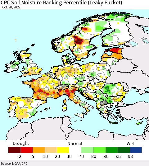 Europe CPC Soil Moisture Ranking Percentile (Leaky Bucket) Thematic Map For 10/16/2022 - 10/20/2022