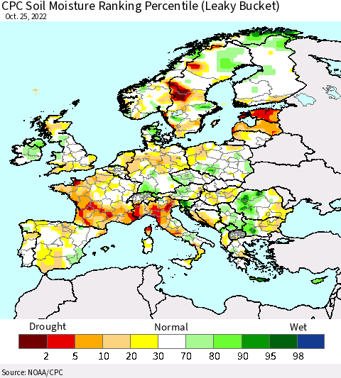 Europe CPC Soil Moisture Ranking Percentile (Leaky Bucket) Thematic Map For 10/21/2022 - 10/25/2022