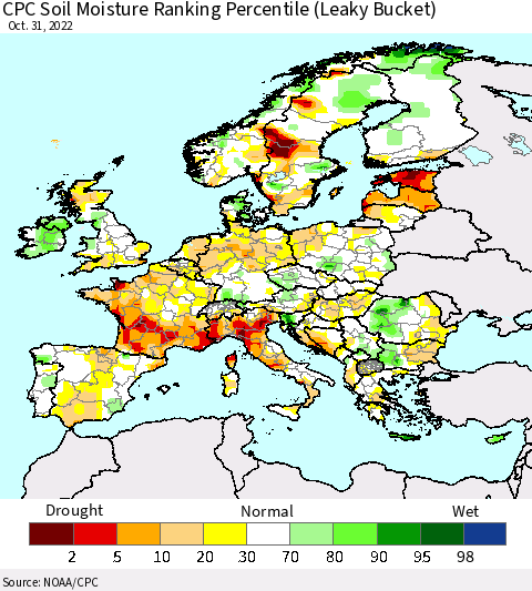 Europe CPC Soil Moisture Ranking Percentile (Leaky Bucket) Thematic Map For 10/26/2022 - 10/31/2022