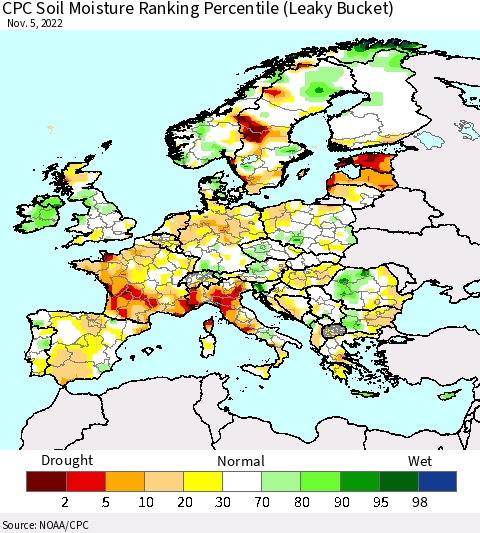 Europe CPC Soil Moisture Ranking Percentile (Leaky Bucket) Thematic Map For 11/1/2022 - 11/5/2022