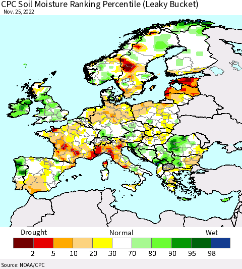 Europe CPC Soil Moisture Ranking Percentile (Leaky Bucket) Thematic Map For 11/21/2022 - 11/25/2022