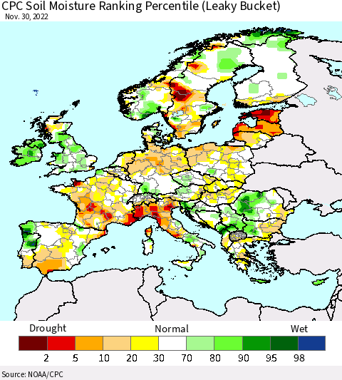 Europe CPC Soil Moisture Ranking Percentile (Leaky Bucket) Thematic Map For 11/26/2022 - 11/30/2022