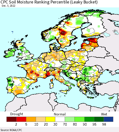 Europe CPC Soil Moisture Ranking Percentile (Leaky Bucket) Thematic Map For 12/1/2022 - 12/5/2022