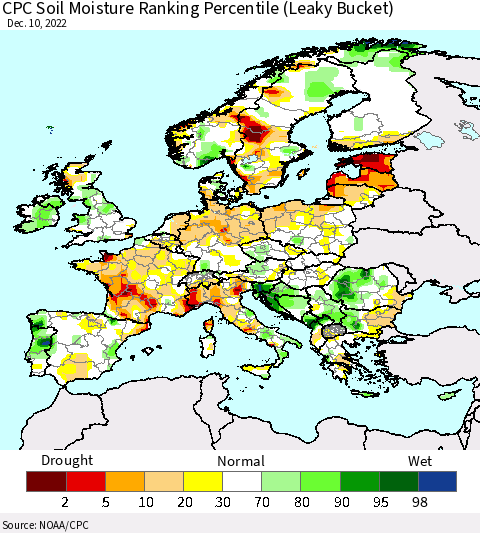 Europe CPC Soil Moisture Ranking Percentile (Leaky Bucket) Thematic Map For 12/6/2022 - 12/10/2022