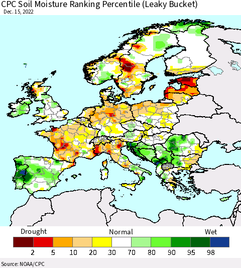 Europe CPC Soil Moisture Ranking Percentile (Leaky Bucket) Thematic Map For 12/11/2022 - 12/15/2022