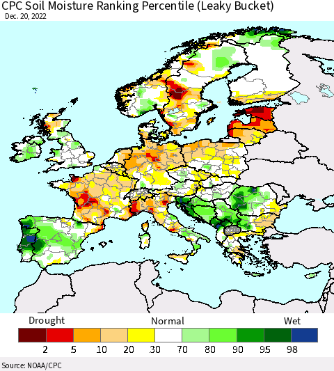 Europe CPC Soil Moisture Ranking Percentile (Leaky Bucket) Thematic Map For 12/16/2022 - 12/20/2022