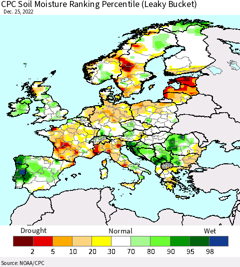 Europe CPC Soil Moisture Ranking Percentile (Leaky Bucket) Thematic Map For 12/21/2022 - 12/25/2022