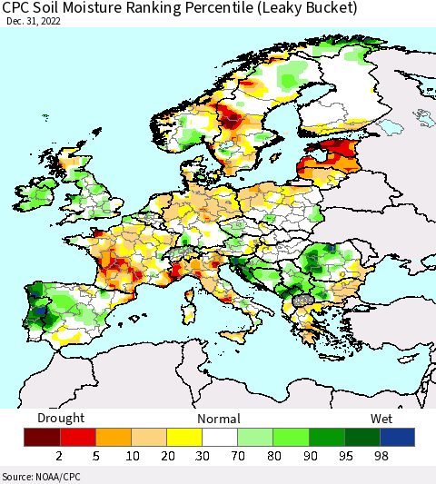 Europe CPC Soil Moisture Ranking Percentile (Leaky Bucket) Thematic Map For 12/26/2022 - 12/31/2022