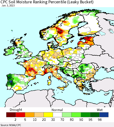 Europe CPC Soil Moisture Ranking Percentile (Leaky Bucket) Thematic Map For 1/1/2023 - 1/5/2023