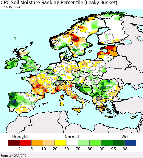 Europe CPC Soil Moisture Ranking Percentile (Leaky Bucket) Thematic Map For 1/11/2023 - 1/15/2023