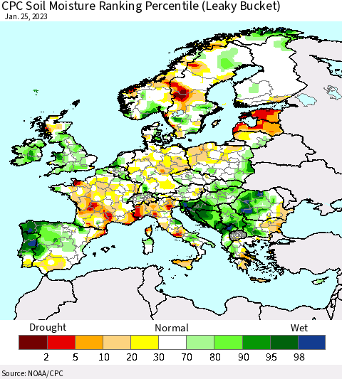 Europe CPC Soil Moisture Ranking Percentile (Leaky Bucket) Thematic Map For 1/21/2023 - 1/25/2023