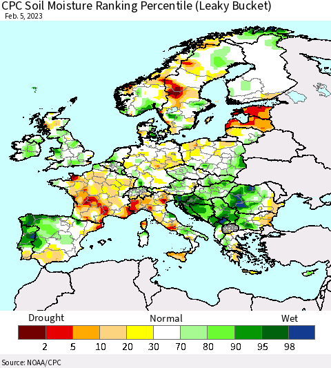 Europe CPC Soil Moisture Ranking Percentile (Leaky Bucket) Thematic Map For 2/1/2023 - 2/5/2023