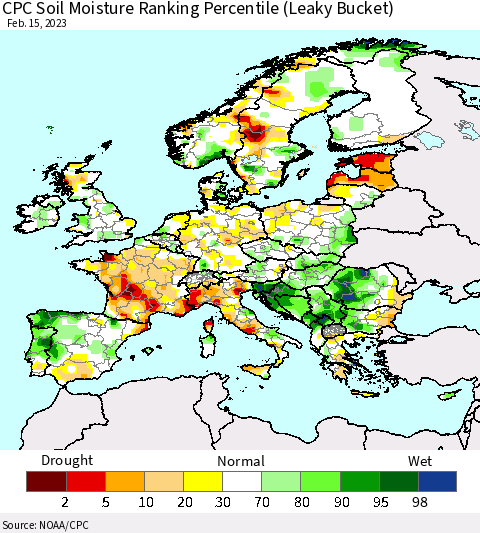 Europe CPC Soil Moisture Ranking Percentile (Leaky Bucket) Thematic Map For 2/11/2023 - 2/15/2023