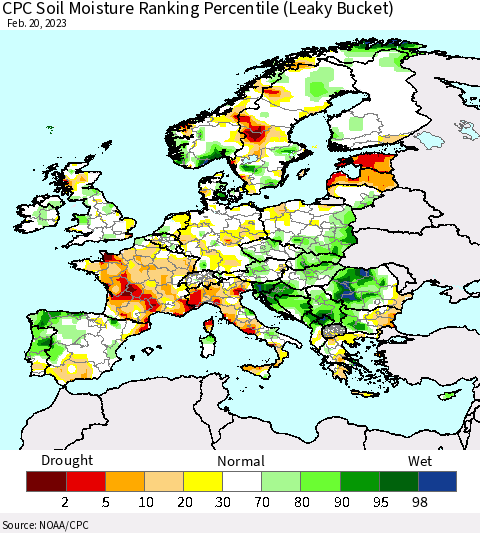 Europe CPC Soil Moisture Ranking Percentile (Leaky Bucket) Thematic Map For 2/16/2023 - 2/20/2023