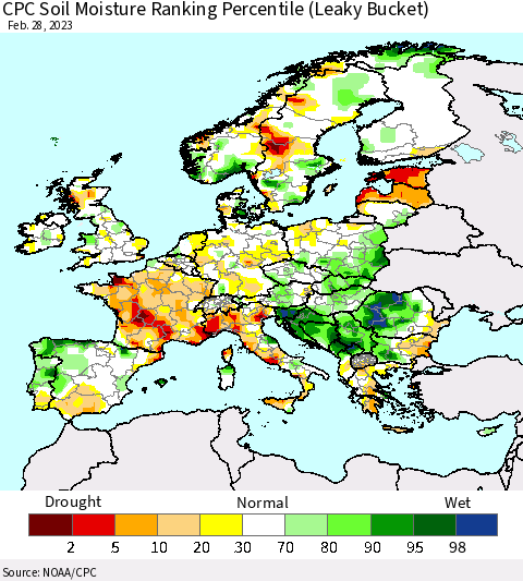 Europe CPC Soil Moisture Ranking Percentile (Leaky Bucket) Thematic Map For 2/26/2023 - 2/28/2023