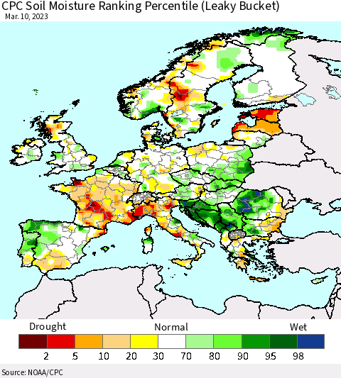 Europe CPC Soil Moisture Ranking Percentile (Leaky Bucket) Thematic Map For 3/6/2023 - 3/10/2023