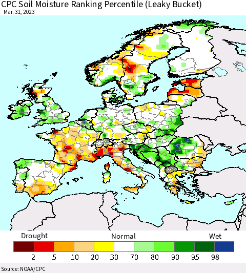 Europe CPC Soil Moisture Ranking Percentile (Leaky Bucket) Thematic Map For 3/26/2023 - 3/31/2023