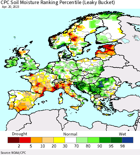 Europe CPC Soil Moisture Ranking Percentile (Leaky Bucket) Thematic Map For 4/16/2023 - 4/20/2023