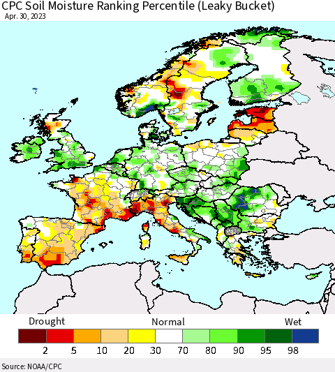 Europe CPC Soil Moisture Ranking Percentile (Leaky Bucket) Thematic Map For 4/26/2023 - 4/30/2023