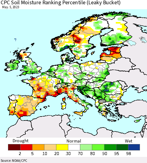 Europe CPC Soil Moisture Ranking Percentile (Leaky Bucket) Thematic Map For 5/1/2023 - 5/5/2023