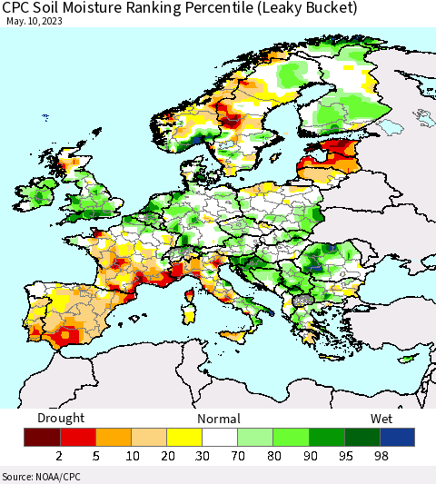Europe CPC Soil Moisture Ranking Percentile (Leaky Bucket) Thematic Map For 5/6/2023 - 5/10/2023