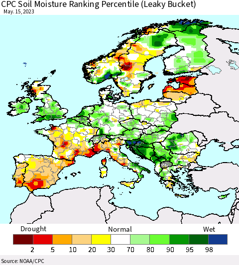 Europe CPC Soil Moisture Ranking Percentile (Leaky Bucket) Thematic Map For 5/11/2023 - 5/15/2023