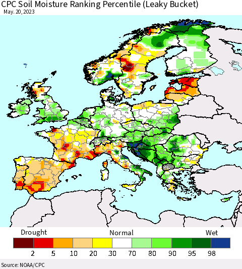 Europe CPC Soil Moisture Ranking Percentile (Leaky Bucket) Thematic Map For 5/16/2023 - 5/20/2023