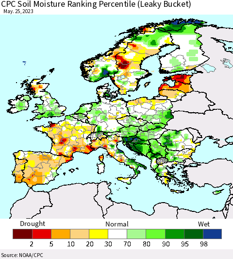 Europe CPC Soil Moisture Ranking Percentile (Leaky Bucket) Thematic Map For 5/21/2023 - 5/25/2023