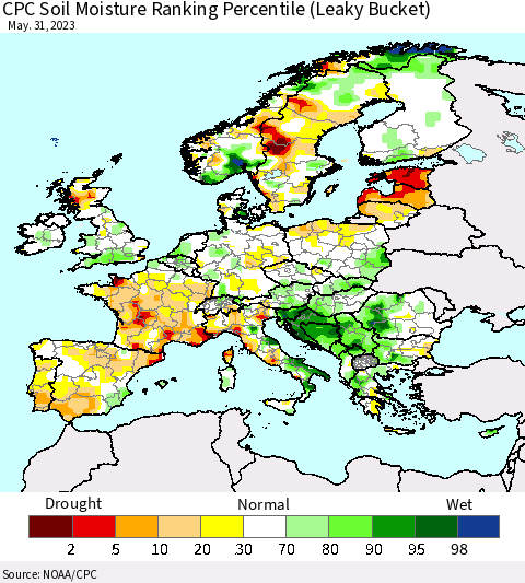 Europe CPC Soil Moisture Ranking Percentile (Leaky Bucket) Thematic Map For 5/26/2023 - 5/31/2023