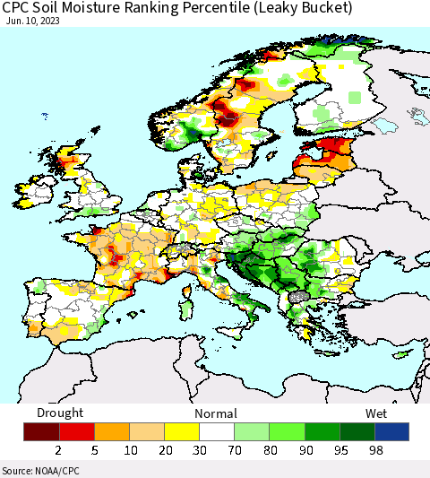 Europe CPC Soil Moisture Ranking Percentile (Leaky Bucket) Thematic Map For 6/6/2023 - 6/10/2023