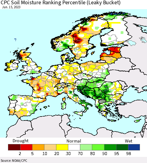 Europe CPC Soil Moisture Ranking Percentile (Leaky Bucket) Thematic Map For 6/11/2023 - 6/15/2023