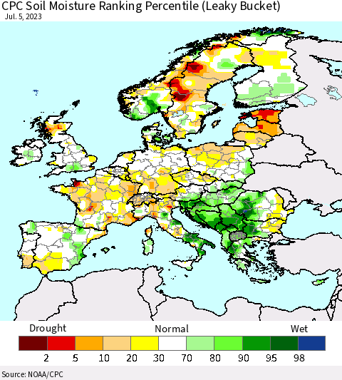 Europe CPC Soil Moisture Ranking Percentile (Leaky Bucket) Thematic Map For 7/1/2023 - 7/5/2023