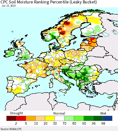 Europe CPC Soil Moisture Ranking Percentile (Leaky Bucket) Thematic Map For 7/11/2023 - 7/15/2023
