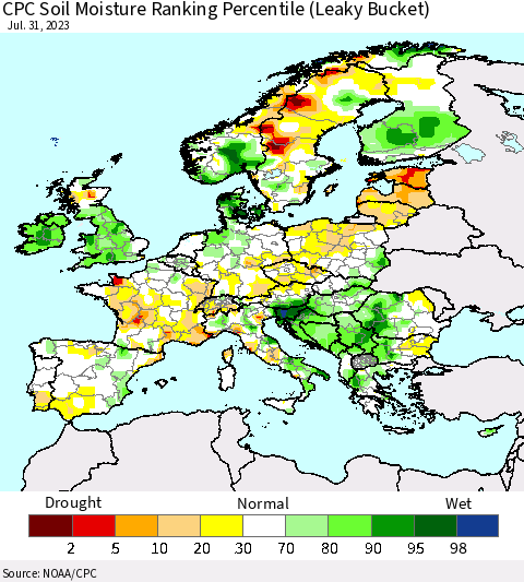 Europe CPC Soil Moisture Ranking Percentile (Leaky Bucket) Thematic Map For 7/26/2023 - 7/31/2023