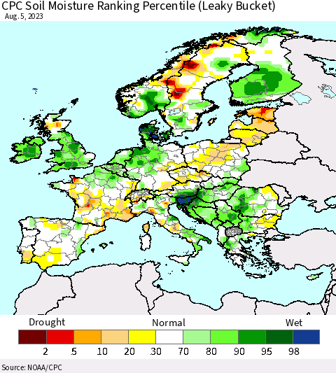 Europe CPC Soil Moisture Ranking Percentile (Leaky Bucket) Thematic Map For 8/1/2023 - 8/5/2023
