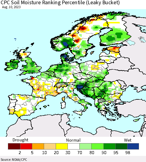 Europe CPC Soil Moisture Ranking Percentile (Leaky Bucket) Thematic Map For 8/6/2023 - 8/10/2023
