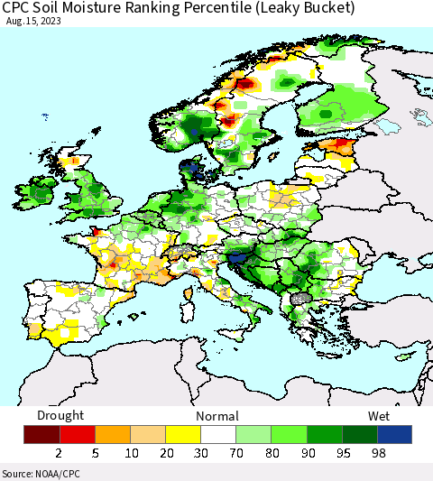 Europe CPC Soil Moisture Ranking Percentile (Leaky Bucket) Thematic Map For 8/11/2023 - 8/15/2023