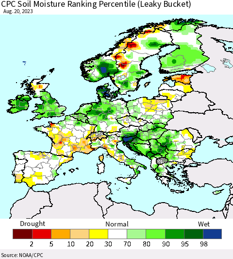 Europe CPC Soil Moisture Ranking Percentile (Leaky Bucket) Thematic Map For 8/16/2023 - 8/20/2023