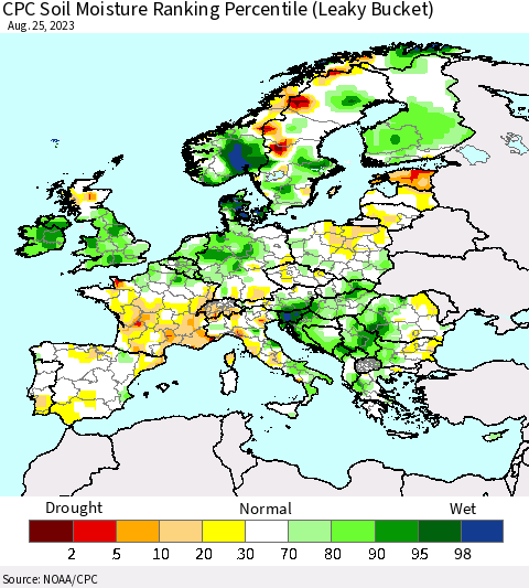 Europe CPC Soil Moisture Ranking Percentile (Leaky Bucket) Thematic Map For 8/21/2023 - 8/25/2023
