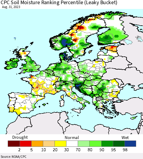 Europe CPC Soil Moisture Ranking Percentile (Leaky Bucket) Thematic Map For 8/26/2023 - 8/31/2023