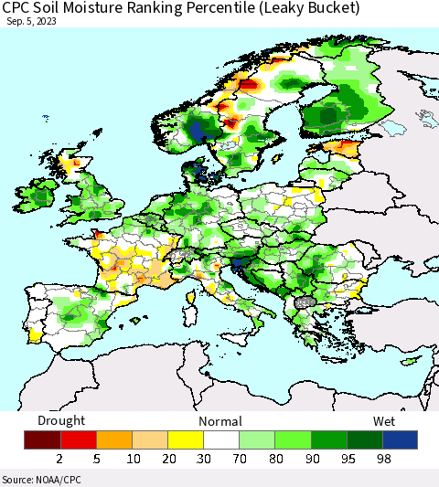Europe CPC Soil Moisture Ranking Percentile (Leaky Bucket) Thematic Map For 9/1/2023 - 9/5/2023