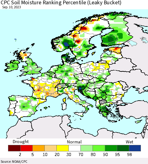 Europe CPC Soil Moisture Ranking Percentile (Leaky Bucket) Thematic Map For 9/6/2023 - 9/10/2023
