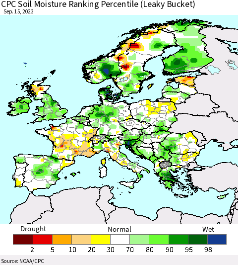 Europe CPC Soil Moisture Ranking Percentile (Leaky Bucket) Thematic Map For 9/11/2023 - 9/15/2023