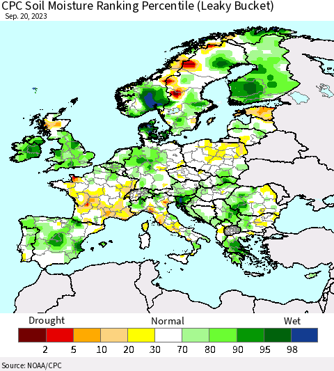 Europe CPC Soil Moisture Ranking Percentile (Leaky Bucket) Thematic Map For 9/16/2023 - 9/20/2023