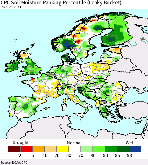 Europe CPC Soil Moisture Ranking Percentile (Leaky Bucket) Thematic Map For 9/21/2023 - 9/25/2023