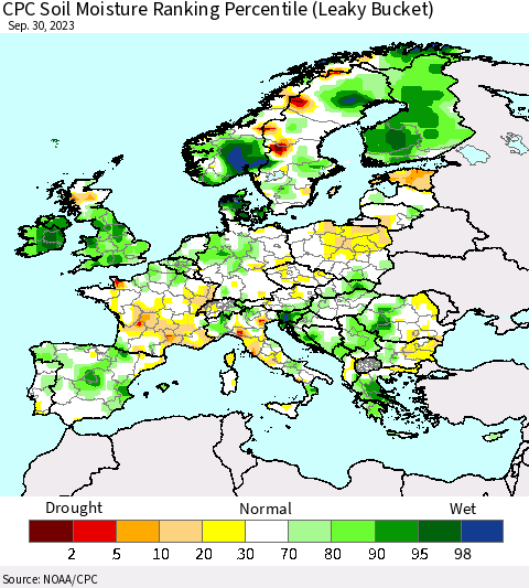 Europe CPC Soil Moisture Ranking Percentile (Leaky Bucket) Thematic Map For 9/26/2023 - 9/30/2023