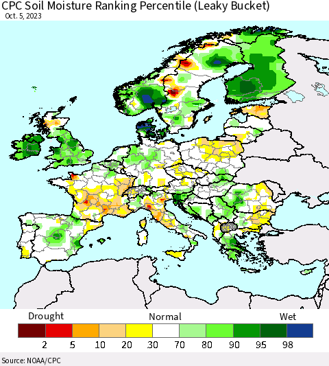 Europe CPC Soil Moisture Ranking Percentile (Leaky Bucket) Thematic Map For 10/1/2023 - 10/5/2023