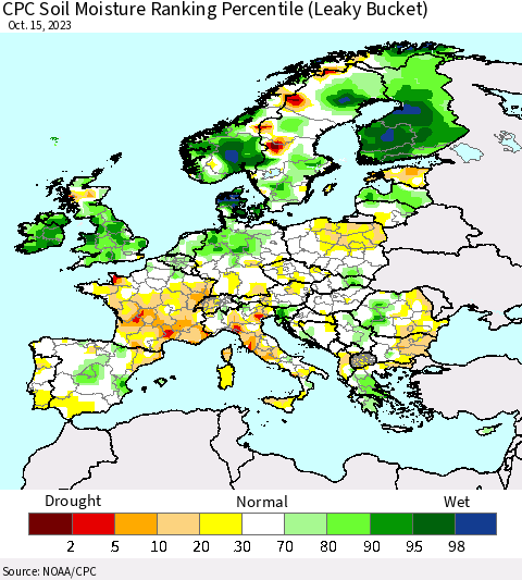 Europe CPC Soil Moisture Ranking Percentile (Leaky Bucket) Thematic Map For 10/11/2023 - 10/15/2023