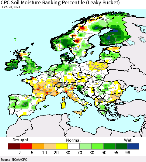 Europe CPC Soil Moisture Ranking Percentile (Leaky Bucket) Thematic Map For 10/16/2023 - 10/20/2023