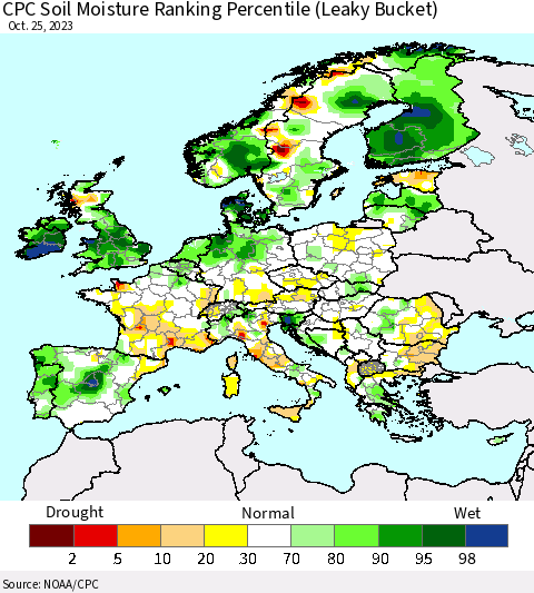 Europe CPC Soil Moisture Ranking Percentile (Leaky Bucket) Thematic Map For 10/21/2023 - 10/25/2023